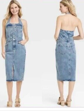 Universal Thread Light Blue Denim Backless Halter Midi Dress